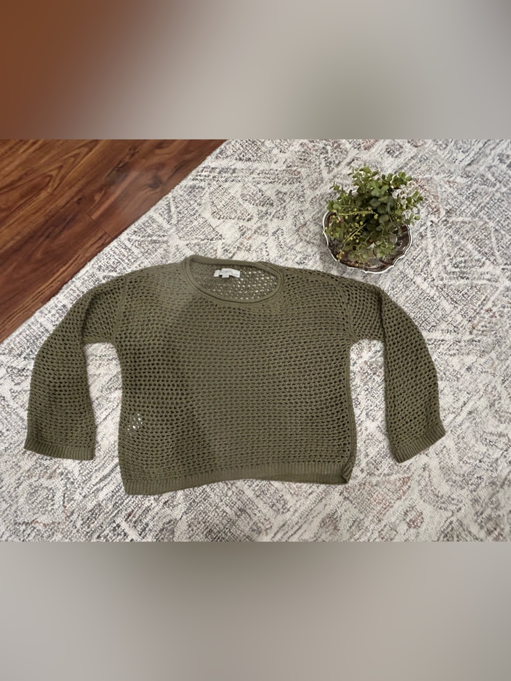 LOFT Olive Open-Knit Crewneck Sweater